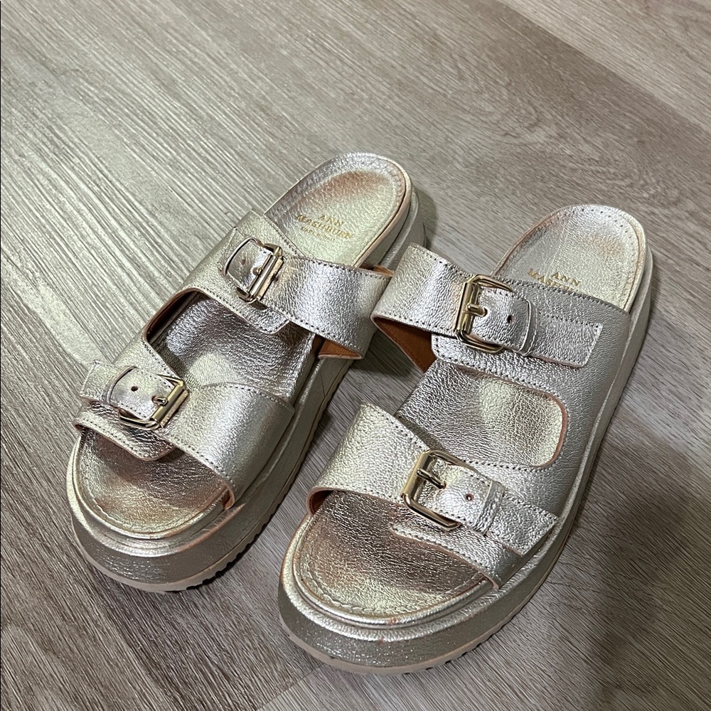 Ann Mashburn Gold Leather Buckle Platform Sandals